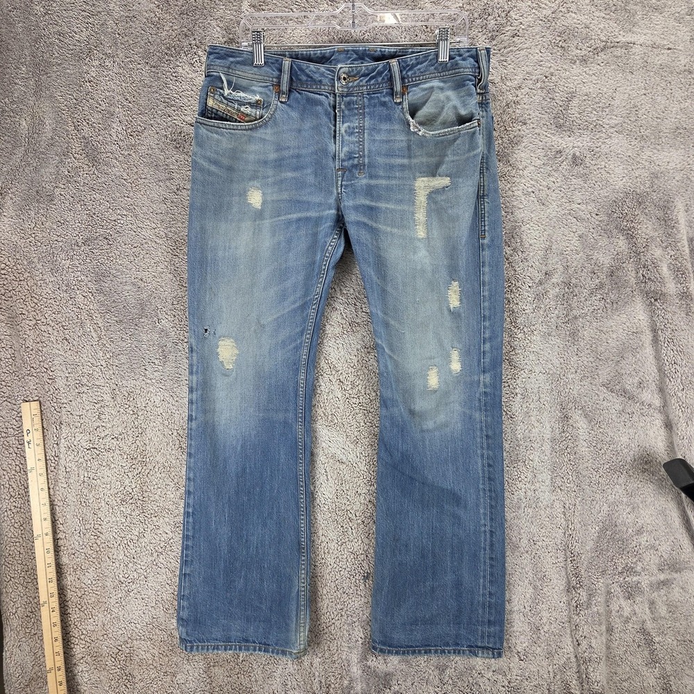 Diesel Jeans Mens 33x30 Blue Zatiny Regular Bootcut Distressed Button Fly 0823U